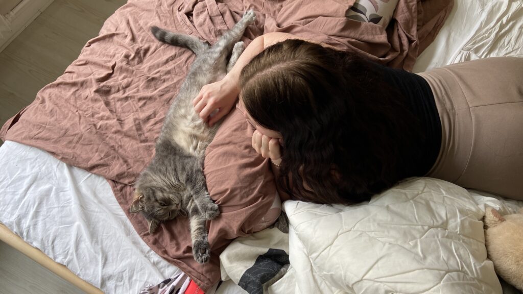 grey striped cat lying on the bed getting cuddles. from perfectionist to parent. 